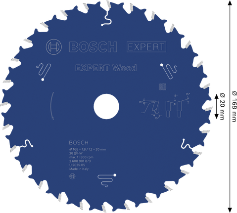 BoschEXPERT 木工圆锯片 168 毫米，用于木材切割。